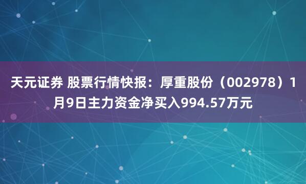 天元证券 股票行情快报：厚重股份（002978）1月9日主力资金净买入994.57万元